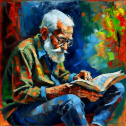 Old man reading, abstract, painting