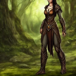 dungeons and dragons, female wood elf, druid, brown hair, brown eyes, full body, realistic face, short hair, large nose, closed mouth, leather armor, dark skin, one person