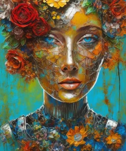  an abstract painting of rusted metal and flowers, african portrait, rust, scaffolding, iron cladding, decay, mixed media, textured, anatomically correct, beautiful perfect face, sharp focus, highly detailed, injured face