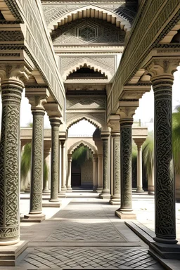 Columns of an Islamic palace with a ceiling with Arabic designs and letters and a view of the back garden