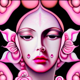 A detailed high quality surreal painting of a delicate, shimmering single pink, personified rose, with a womans face a small pretty face in its petals, two eyes, pouting lips, delictae nose, background is a blurred black and white hypnotic pattern, very mod, 1960s inspired art, psychedelic, highly detailed conceptual art, mixed media collage, dark fantastical, hypnotic atmosphere, fine lines, dali-esc, beautiful and natural, strange art, optical illusion