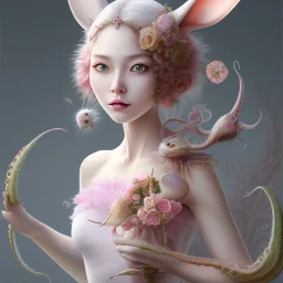 highly detailed, pink, rabbit, blood, scythe, Asian woman, leaning pose, full body, squid, intricate detail , plants, wildflower, nest, octopus, fly,