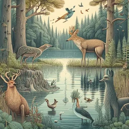 A detailed illustration with forest animals at the egde of a forest drinking from a lake.