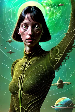 science fiction, shelley duvall model, detailed illustration, by virgil finlay, retro, stars, retro , high details and resolution , intricate details, by vincent di fate, artgerm julie bell beeple, inking, vintage print, screen print , 8k , fantastic setting and otherworldly, action scene with good cinematography, intricate scene with lots of details and planets , retro sixties, star trek, science fiction 1970’s films, brewster mc cloud