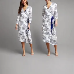 Croquis, wrap dress, white with vernon leaf print, long sleeves