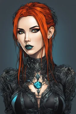 Create a wild, imaginative, full body, cybernetics enhanced, auburn haired goth girl with highly detailed facial features, in the vector graphic style of Nirak1,Christopher Lee, and Cristiano Siqueira, vibrant colors, sharply defined, 2d vector