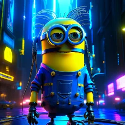 "Generate an edgy and inventive artwork reimagining the 'Minions' from 'Despicable Me' as tech-savvy hackers. Infuse them with a cyberpunk aesthetic, outfitting them with futuristic attire and high-tech gadgets. Place them in a neon-lit, bustling metropolis filled with digital interfaces and holographic displays. Convey a sense of unity and purpose as they work together in this cybernetic world, showcasing their newfound proficiency in hacking and digital mischief."