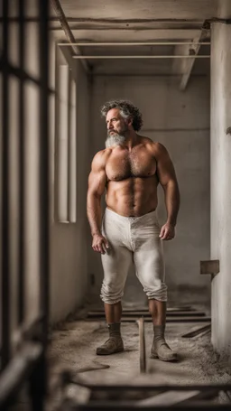 photography of a massive strong burly beefy strong sicilian painter worker 40 years old, curly hair, wet, silver beard, manly chest, hairy, shirtless in bulging dirty white overalls, big shoulders, tattoo, big calves, barefeet, angry, photorealistic, side light, inside a dark building under construction