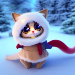 Cute fumo plush of a beautiful anthropomorphic cat girl wearing a puffy jacket in a winter wonderland; beautiful full volumetric lighting, cinematic illumination, brilliant coloring, smooth, sharp focus, crispy quality, vray; Pixar, Disney, Artstation; HD, HDR, SF, CGSociety, 16k, photorealistic, unreal engine