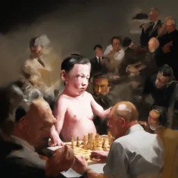 Putin, President Xi Of China And Joe Biden Play Chess With Atomic Bomb Mushroom Cloud,Complex Surgical Instruments Intermixed With A Newborn Boy,Minimalism,Painting By Adrian Ghenie,Rene Magritte,Pablo Picasso,Michelangelo,Salvador Dali,Lucian Freud