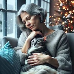 create a sleeping grey haired middle aged woman with chin length hair, sitting on a chair, in front of a window, holding her beloved gray and white tabby Oriental shorthair cat, also sleeping, in her arms. Serene peaceful calm. the snow falling outside