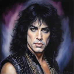 Paul Stanley Facial Portrait, dark, multicolored watercolor stained wall in the background, oil painting in the art style of Boris Vallejo, 32k UHD, Hyper realistic, photorealistic, realistic, sharp, highly detailed, professional quality, beautiful, awesome, majestic, superb, trending on artstation