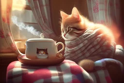 cute fluffy chibi cat reads sitting in a big soft armchair, covered with a plaid blanket, a teapot and steaming tea on a small table next to her, in sunlight. The fire in the fireplace is blazing.