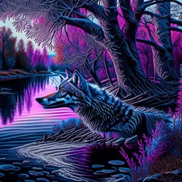 Hyper-detailed hyper-realistic ink art of a wolf river trees contrasting 4k colors