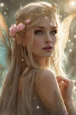 Pointed elven ears,Blonde hair ,Pink dress,Sparkling fairy wings,Very long golden hair,Fairy crown,pointed ears,elven ears,fairy wings,water lilies,sparkling,glittering,flowers,blossoms,golden crown,light pink dress