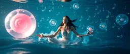 eskimo yoga mind bending bubble gum as a young woman floating transparent music notes in the weirder universe in the ocean with the snail fish king
