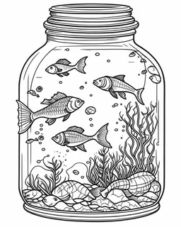 fish sea life in jar minimalistic, line art, background, vector, svg, coloring book page style, black outline on white background