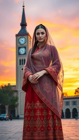 fA hyper-detailed digital painting of a young woman in traditional Azerbaijani folk costume standing in Tabriz Saat Square. She wears a floor-length crimson, gold, and sapphire embroidered dress with intricate embroidery, a translucent patterned ropush (scarf) draped over her head revealing braided hair with silver guppu (coins). The composition follows the rule of thirds, with the 19th-century clock tower framing her silhouette against a gradient sunset sky of tangerine and lavender. Ultra-det