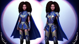 She's diminutive, with brown skin, short black dreadlocks hair. She has indigo blue eyes. She has a long blue cape over a white dress.