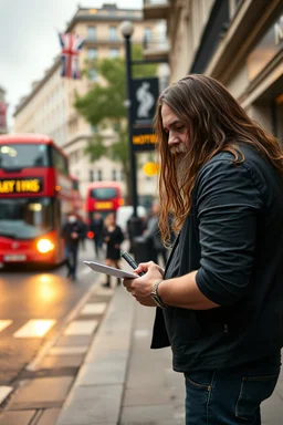 A stalker wants an autograph from a long-haired rock musician on a street in central London. The stalker is an overweight soon bald 25-year-old and looks a bit slimy, the atmosphere is oppressive and unpleasant, lot of traffic and london busses, hectic hour, a nice hotel