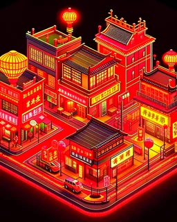 cute isometric china town, cutaway box, traditional, night lights, neon sign, hanging lanterns, electric posts with lamps, old taxis. highly detailed, made with blender, promotional brochure