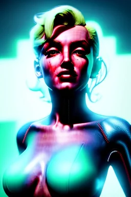 Ultra Realistic image, portrait, blonde woman, sweet Marylin Monroe face, perfect iris, glow eyes, glow makeup. Cyborg, Cyberpunk style, latex coat, yakuza tattoos body. fog, rain, soft color, highly detailed, unreal engine 5, ray tracing, RTX, lumen lighting, ultra detail, volumetric lighting, 3d, finely drawn, high definition, high resolution.