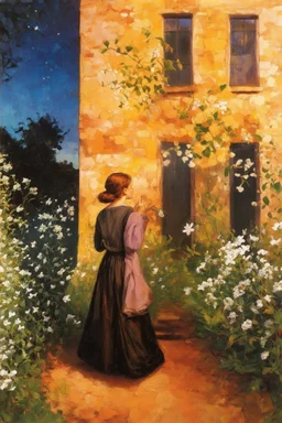 Night, vegetations, flowers, one woman, distant house, hans thoma, and george iness paintings