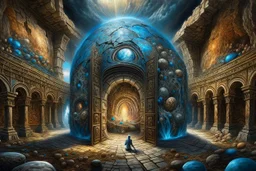 photorealistic "dimensional portal made of subatomic particles" in a gigantic Neanderthal jeweled palace, thunderbolt storm, many strange prehistoric lifeforms praying