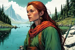 create a full body portrait of a fair skinned female nomadic tribal mercenary with highly detailed, delicate feminine facial features, inhabiting an ethereal Northern forested fjord land of pristine blue waters, in the comic book style of Jean Giraud Moebius, David Hoskins, and Enki Bilal, precisely drawn, boldly inked, with vibrant colors