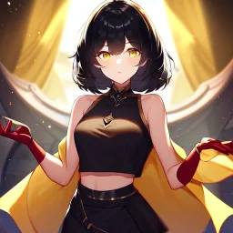 Clear focus,High resolution, Black short fluffy hair, and yellow eyes, wearing a black short skirt, sleeveless crop top, wearing long dark red gloves, yellow cloak