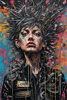 Ultra detailed medium portrait painting of chaos showing anxiety , no air, tight, torn up punk poster, broken circuitry background, matrix effects, punk visual art, punk art aesthetic, graffiti art, pop surrealism, collage art, cluttered paint glitches