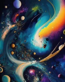 A stunning scene of a cosmic ballet, featuring celestial bodies, swirling galaxies, and shimmering auroras, in the style of abstract expressionism, bold color splashes, fluid shapes, and energetic brushstrokes, 13K resolution, inspired by the works of Jackson Pollock and Wassily Kandinsky, capturing the awe-inspiring vastness and beauty of the cosmos.