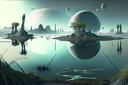 Alien landscape with grey exoplanet in the sky, Lagoon reflection, vegetation, sci-fi, concept art, movie poster