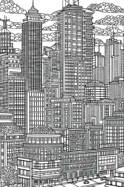 outline art for cities coloring pages for adults with big city, white background, Sketch styl, only use outline. Mandala style, clean line art, no shadows and clear and well outlined, Intricate Patterns and Details