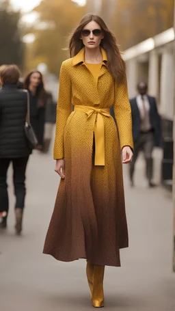 Fashion show walk onto the street. Women wear print yellow brown ombre mini, midi, or maxi dresses for winter party wear, or autumn outfits that lend well to transitional layering, such as trench dresses and woven print dresses.