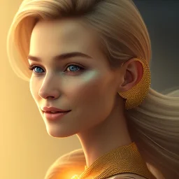 A portrait very beautiful woman ,smiling, longs blond hairs, elegant, atmospheric, realistic, cinematic lighting, 8k, galactic atmosphere,