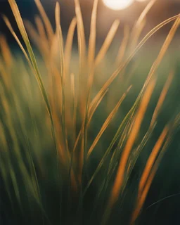 blades of grass in the style of film, light green and amber portraiture iconography, light orange and indigo, mamiya 7 ii, refractions of light