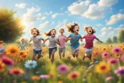 happy children run in the summer meadow, surrounding colors flowers, meadow, Happy and harmony vibe, blu sky and the little wind, high detailed, high realistic, sharp focuses, photorealistic, cinematic