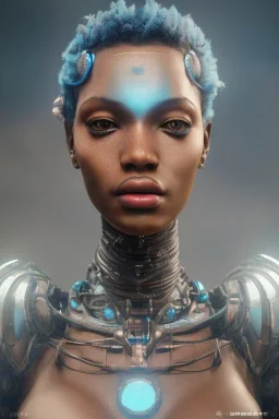 portrait,beautiful african robotic sirene, post-apocalyptic in a cyberpunk city, realistic, intriacte detail, sci-fi fantasy style, volumetric lighting, particales,highly detailed,cinematic, deep blue.