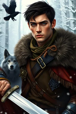 super realistic, warrior, rugged, short dark brown hair, dark blue eyes, tall, leather and cloth clothing, fur cloak, young man, sword in his right hand, show whole body, show full body including legs, background is a snowy forest, raven flying in the background, gray wolf in the background