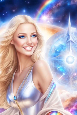 cosmic woman smile, admiral from the future, one fine whole face, crystalline skin, expressive blue eyes,rainbow, smiling lips, very nice smile, costume pleiadian, Beautiful tall woman pleiadian Galactic commander, ship, perfect datailed golden galactic suit, high rank, long blond hair, hand whit five perfect detailed finger, amazing big blue eyes, smilling mouth, high drfinition lips, cosmic happiness, bright colors, blue, pink, gold, jewels, realist, high commander