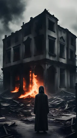 Epic frame, gloomy haunted atmosphere, abandoned buildings around, grayness, decay, in the foreground a gloomy figure without a face with burning eyes
