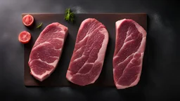 Food backgrounds: overhead view of two raw juicy beef steak fillets on a cutting board shot on black table. The composition is at the left of an horizontal frame leaving useful copy space for text and/or logo at the right. High resolution 42Mp studio digital capture taken with SONY A7rII and Zeiss Batis 40mm F2.0 CF lens