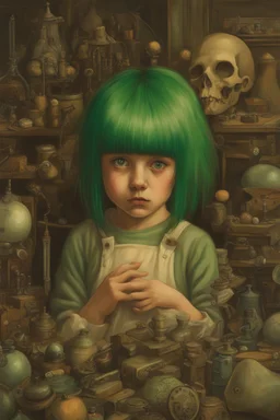 Little girl with green hair in Cyberpunk wunderkammer painted by Caravaggio, unsane details, soft colors, lot of space around the girl with a lot of strange objects