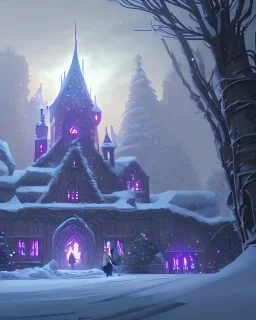 A magical snowy warlock castle in Christmas