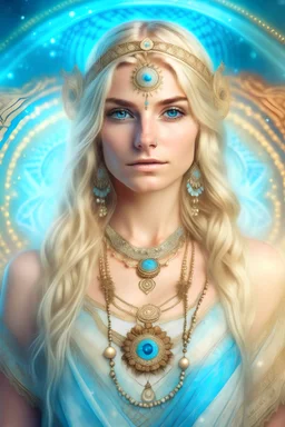 galactic indian priestess woman detailed beautifull, innocence and gentle face with a little smile, blond hair brown eyes fine gold lace garments in light blue and ethereal background with cosmic atmosphear and Lotus flower