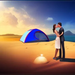 2 lovers last kiss in sand island with tent and river background