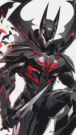 A close picture to Mix between transformers and batman and symbiote venom in solo leveling shadow art style with red details detailsis in fantasy world