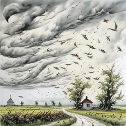 A white sky with birds and a tornado painted by Alan Sorrell