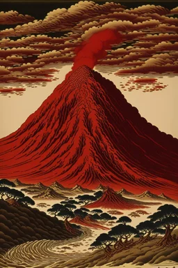 A dark red pyroclastic volcano in the badlands painted by Katsushika Hokusai